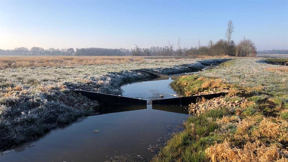 Vispassage in beek, met vorst op het gras eromheen