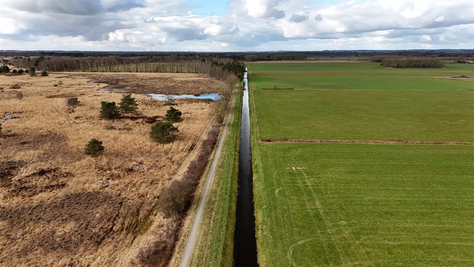 Luchtfoto met links lichtbruine heide en rechts grasvelden