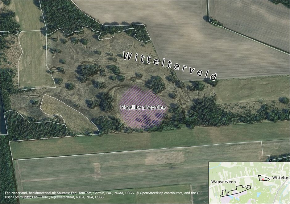 satellietfoto van wittelterveld met een lichtpaars gearceerde cirkel waar de mogelijke pingoruine is