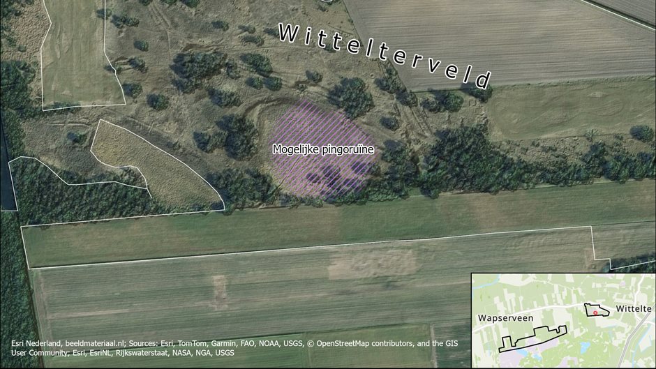 satellietbeeld van Wittelterveld met in het paars gearceerde cirkel wat een mogelijke pingoruine is